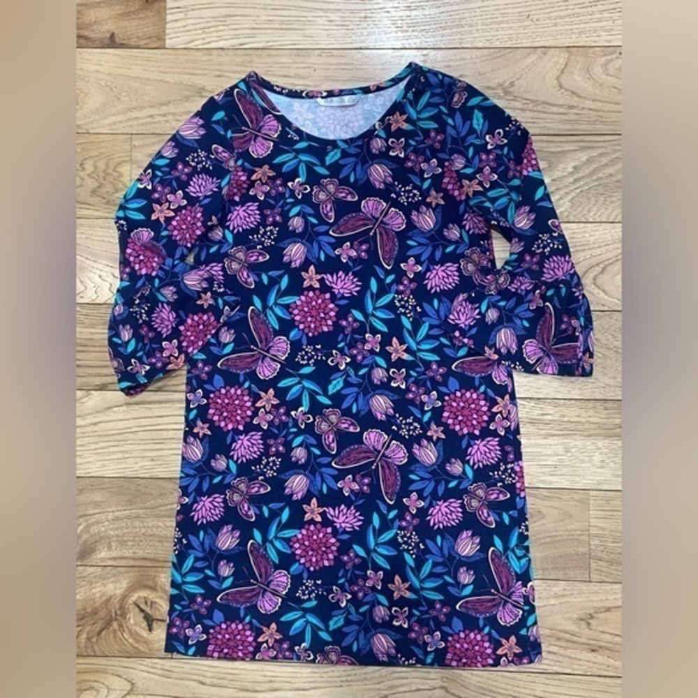 Blue Purple Green Floral & Butterfly Print 3/4 Sleeve Spring Dress Girls Size 10